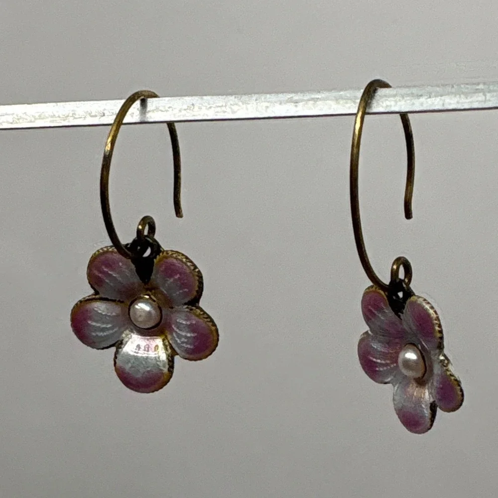 Enamel Cloisonne Pansy Flower Dangle Earrings Pearl Center, Floral Drop Earrings